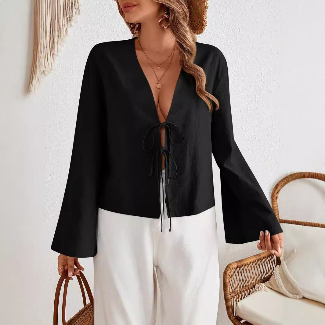 Womens Casual Loose V-Neck Hollowed Solid-Color Shirt