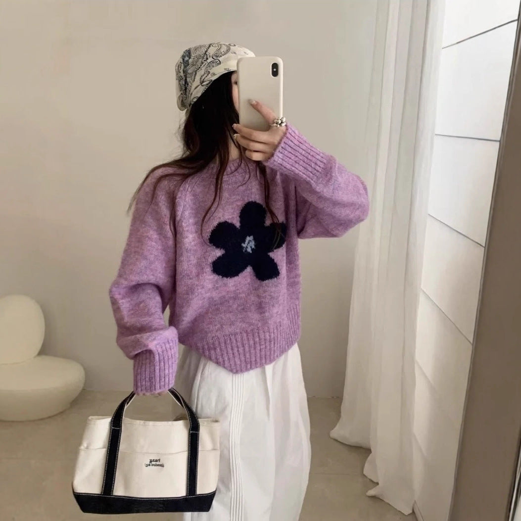 Early Autumn Versatile Casual Floral Round Neck Knitted Long Sleeve Top