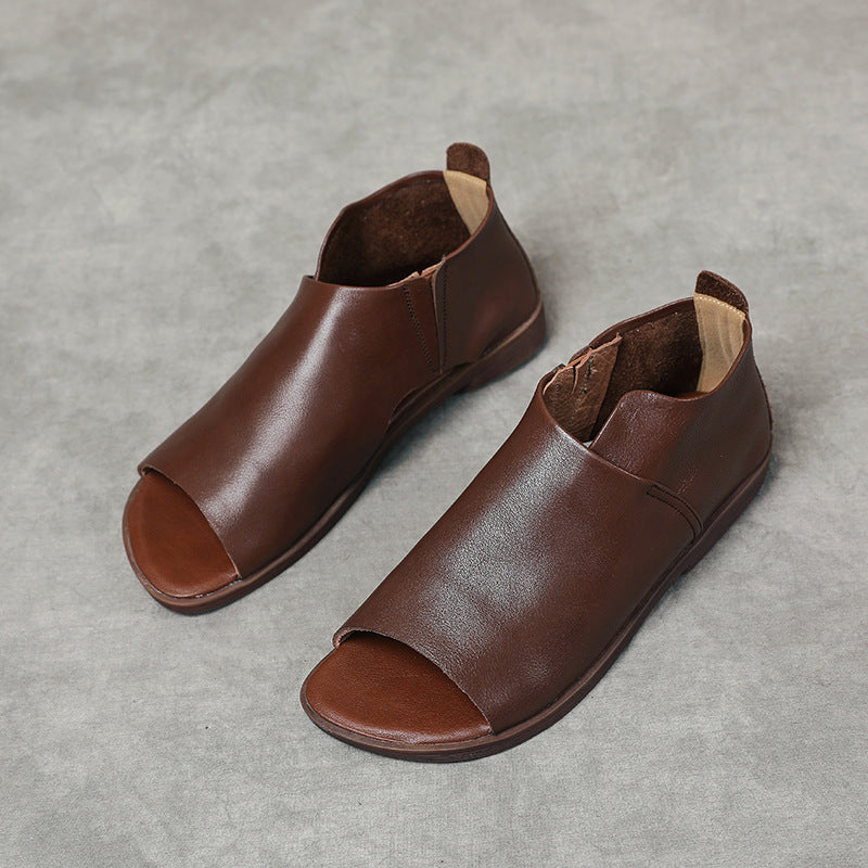 British Genuine Leather Slip On Peep Toe Sandals Flat
