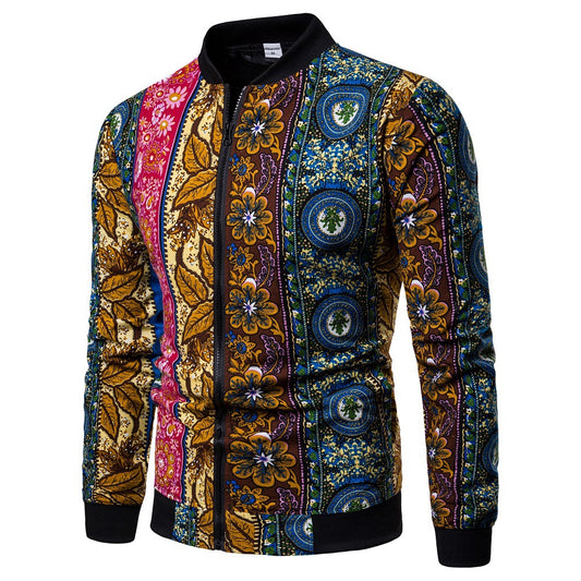 Spring And Autumn New Men's Ethnic Floral Jacket Fashion Slim-fit Baseball Uniform Coat