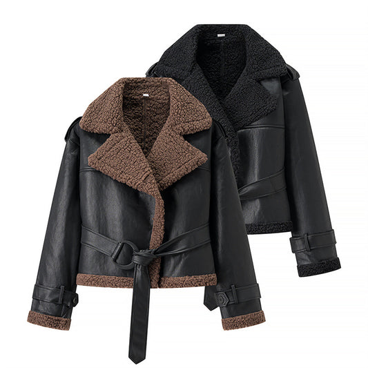 Autumn And Winter Short Flared Fur-Lined Coat With Collar