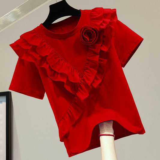 Women's Loose Slimming Flounce All-match Solid Color Short Sleeve