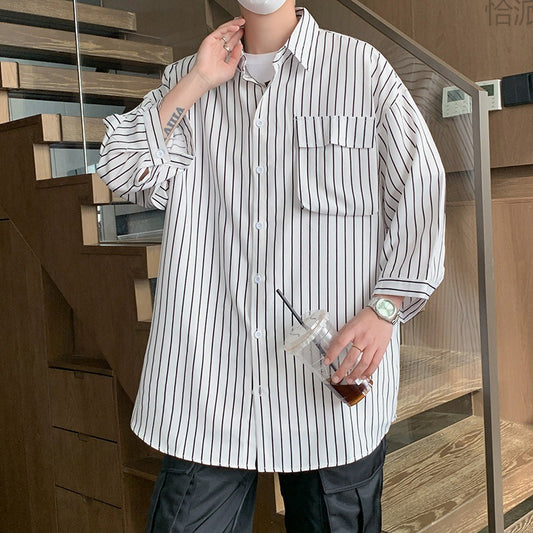 Striped Overalls Short Sleeve Shirt Men's Loose Shirt