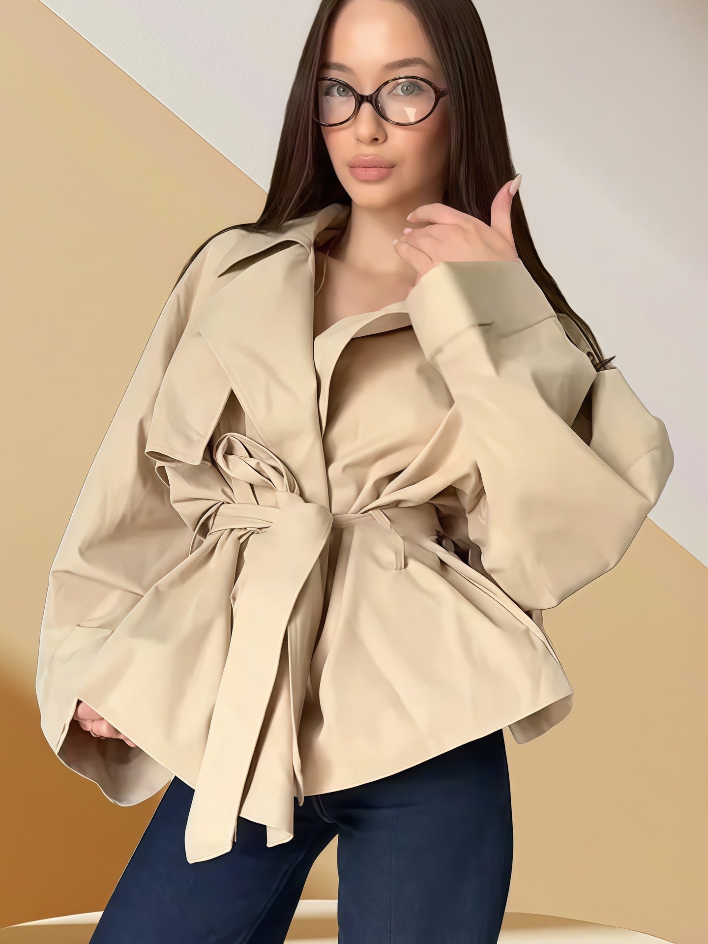 Short Coat Temperament Elegant Apricot Color Loose Large Lapel