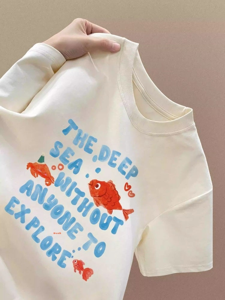 Cute Goldfish Printed Short Sleeve White Cotton T-shirt