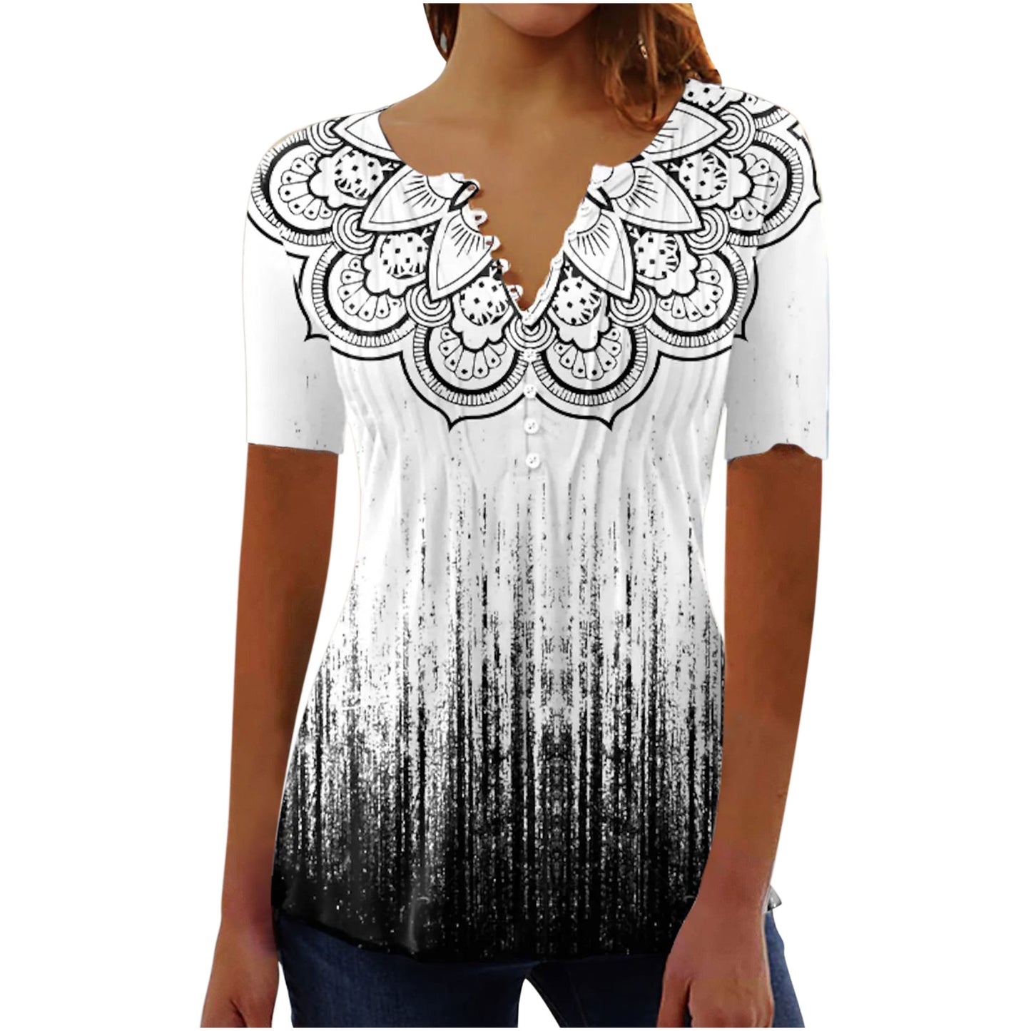Women's Digital 3D Printed Pleated Round Neck T-shirt