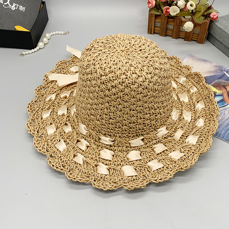 New Flat Big Brim Female Shade Dome Beach Hand Crochet Straw Hat