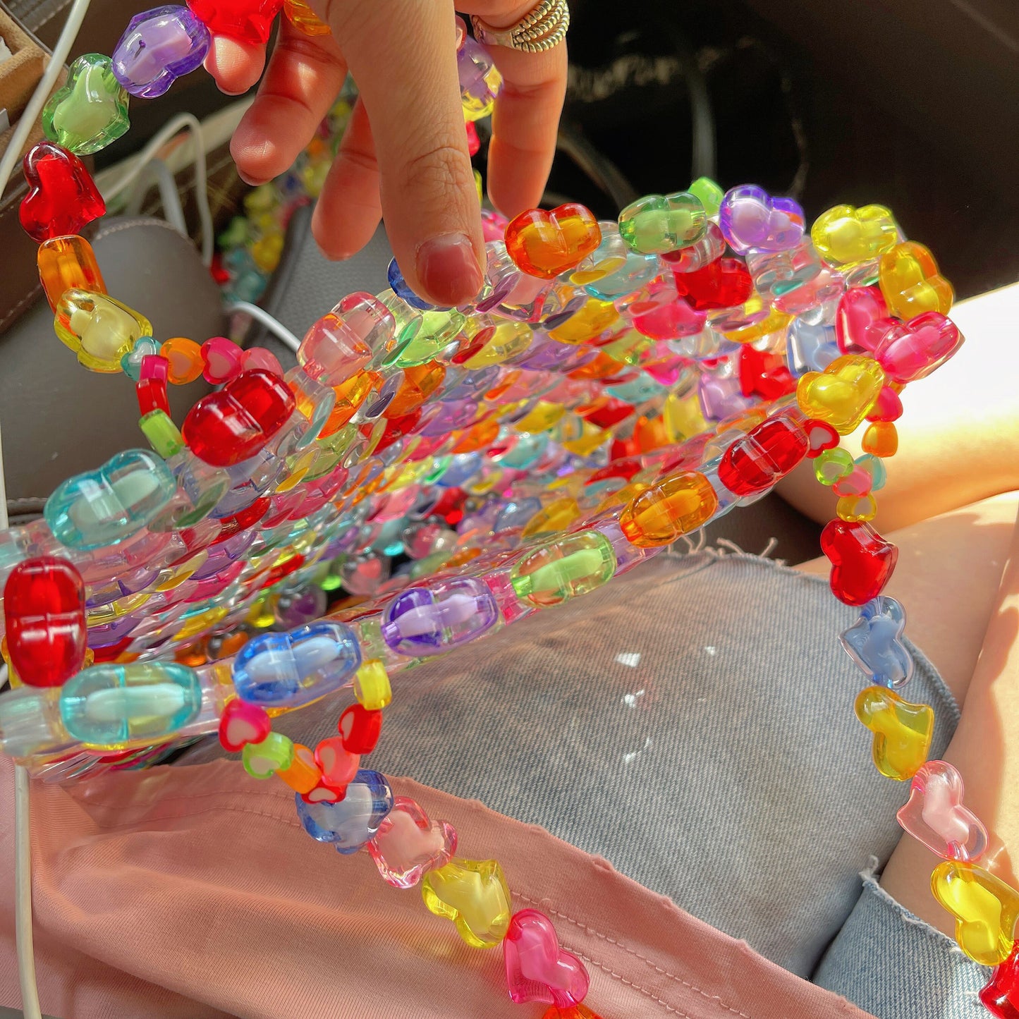 Colorful Contrast Color Love Beaded Handbag