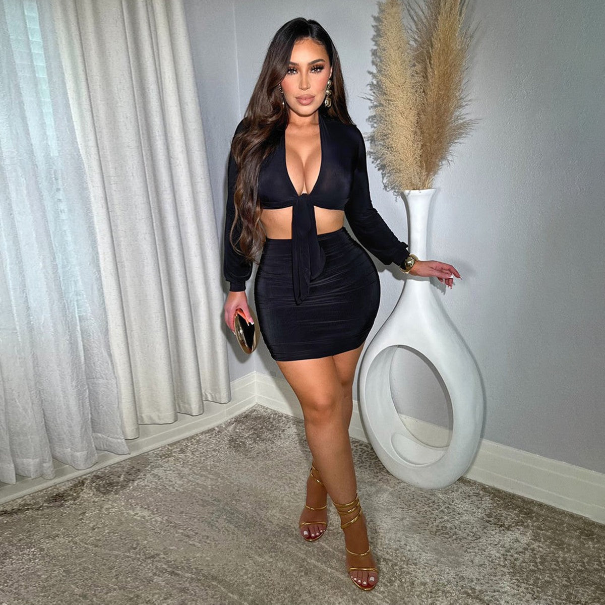 Feminine Long-sleeve Top And Sheath Skirt Short Skirt Two-piece Set