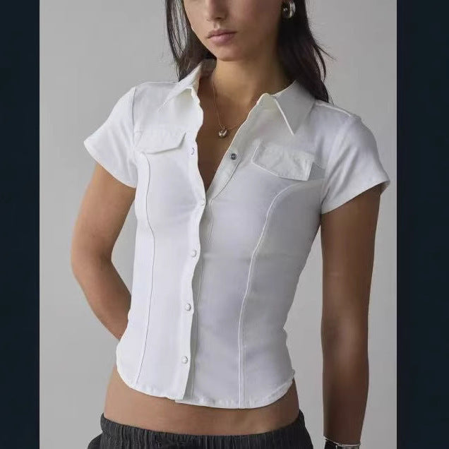 Retro Hot Girl Pleated Waist Tight Design Short-sleeved Shirt Top Women's Clothing