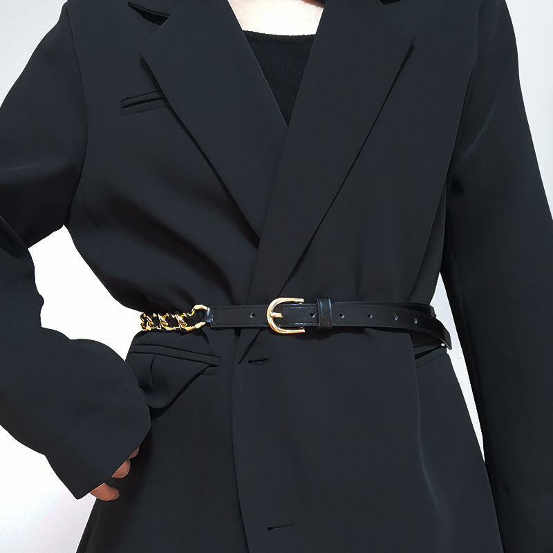 European And American Simple Women's Metal Chain Woven PU Stitching Belt Punk Versatile Simple Waist Chain