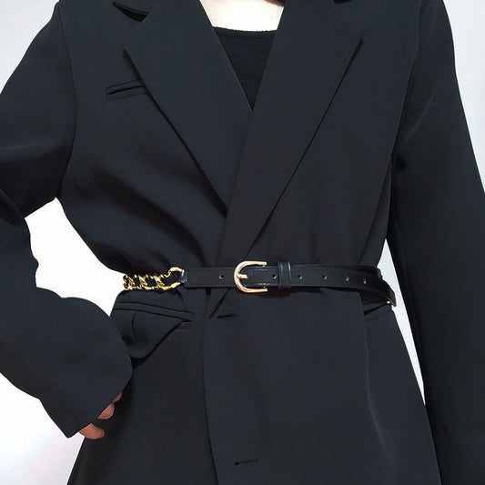 European And American Simple Women's Metal Chain Woven PU Stitching Belt Punk Versatile Simple Waist Chain