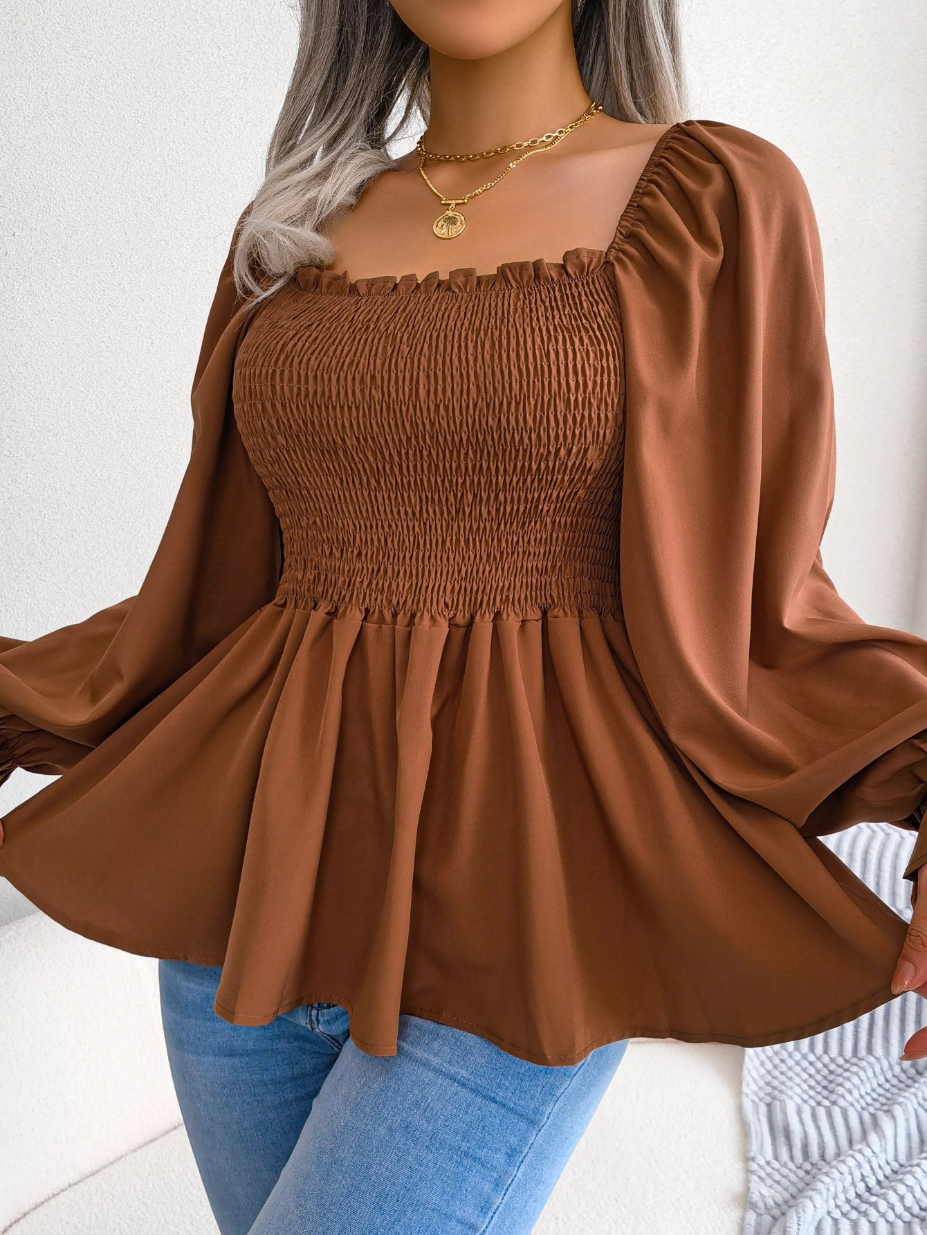Women's Casual Ruffle Trim Square Neck Long Sleeve Chiffon Top