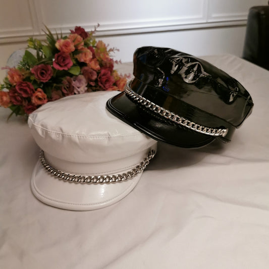 Fashion Octagonal Women's Patent Leather Chain Flat Hat