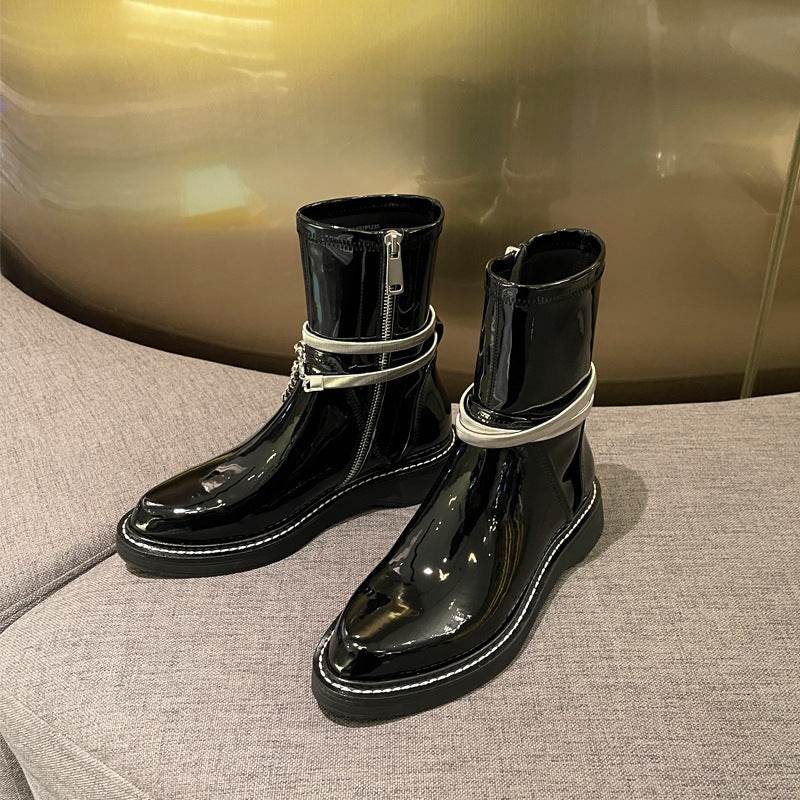 Black Patent Leather Pointed Toe Martin Boots Female British Style