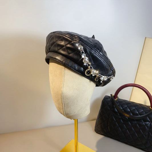 Artificial Leather Diamond Plaid Beret Street