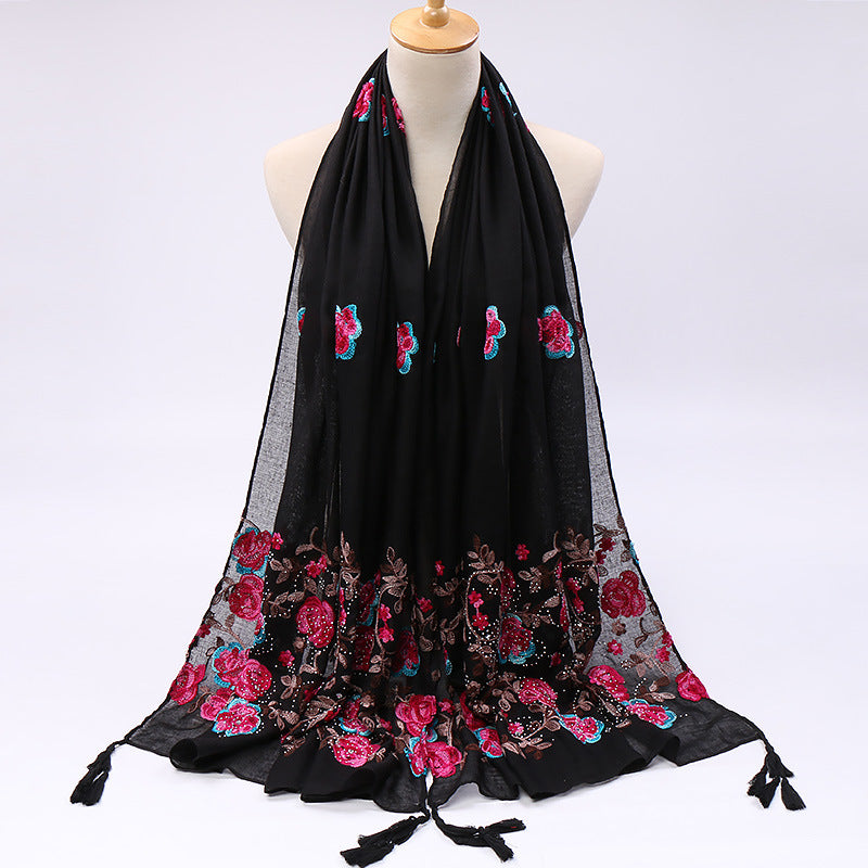 Pure Color Cotton And Linen Embroidered Hot Drilling Fringe Scarf