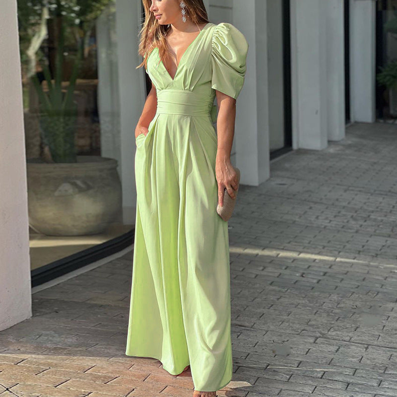 Women's Clothing Springsummer Pleated V-neck Woven Loose Wide-leg Jumpsuit Back Zipper