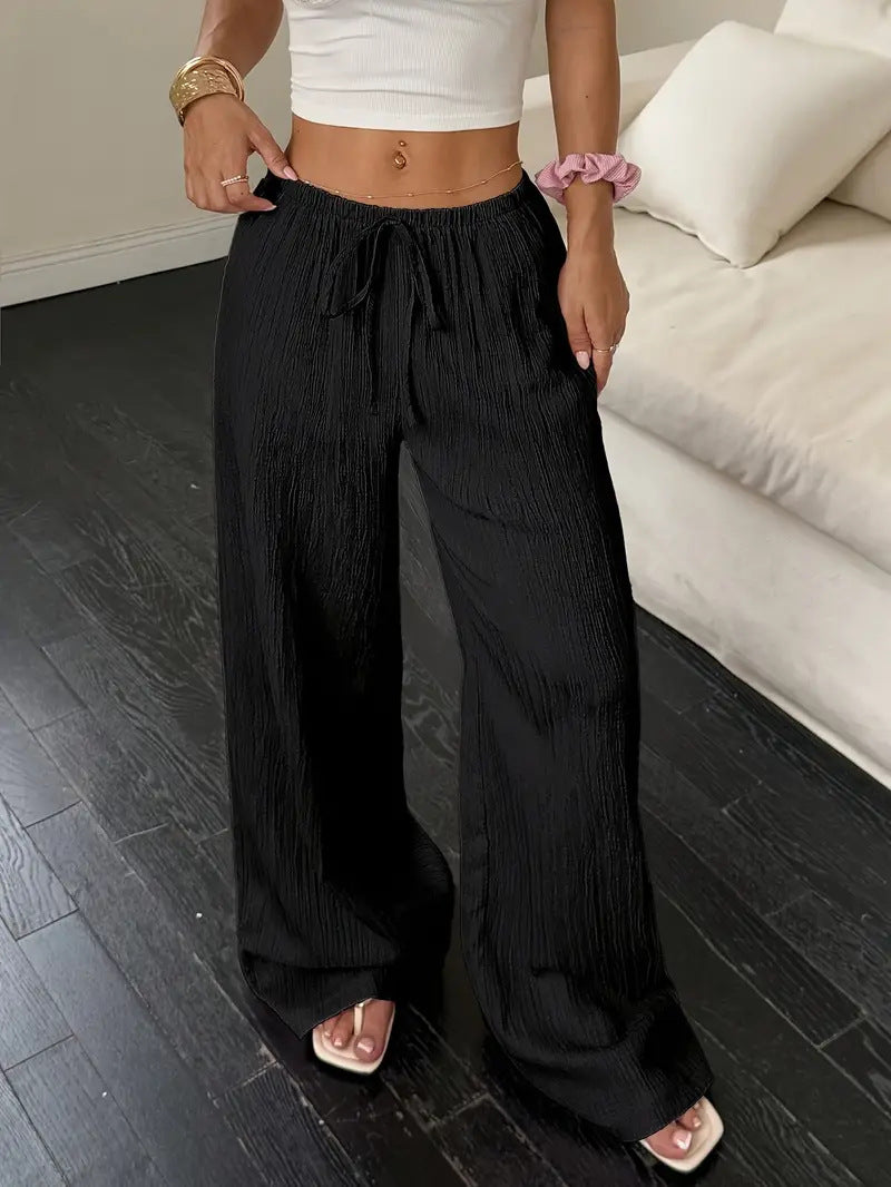 Flirla Women's Casual Versatile Solid Color Wide Leg Pants