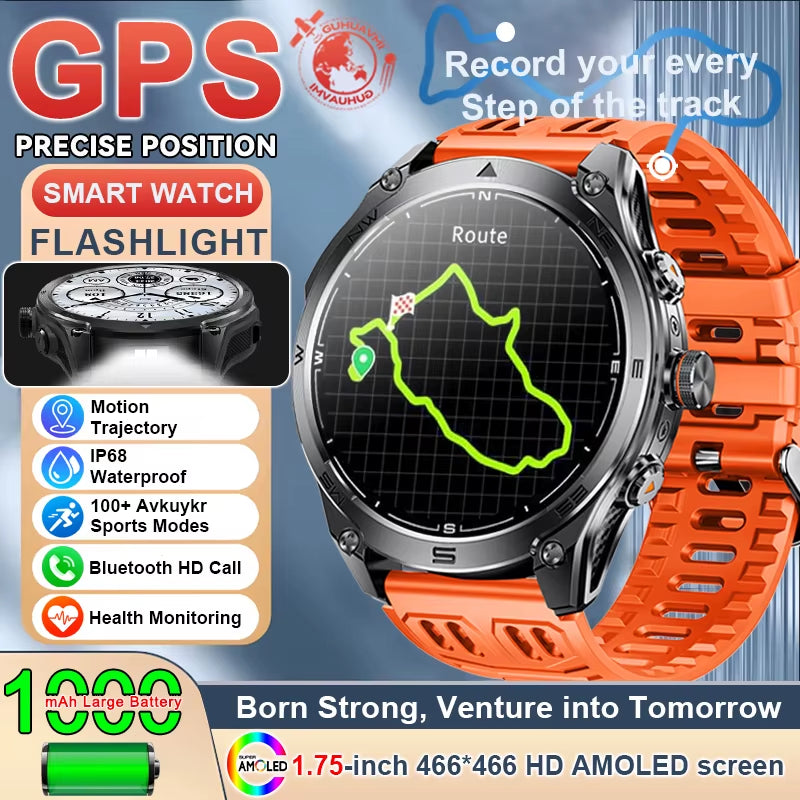 1.75''AMOLED Screen Smart Watch Men 10ATM Waterproof Compass GPS Smartwatch Bluetooth Call 1000Mah Large Battery Sports Bracelet