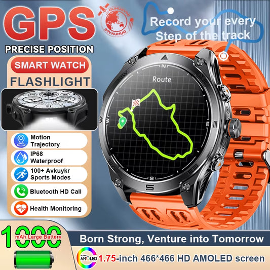 1.75''AMOLED Screen Smart Watch Men 10ATM Waterproof Compass GPS Smartwatch Bluetooth Call 1000Mah Large Battery Sports Bracelet