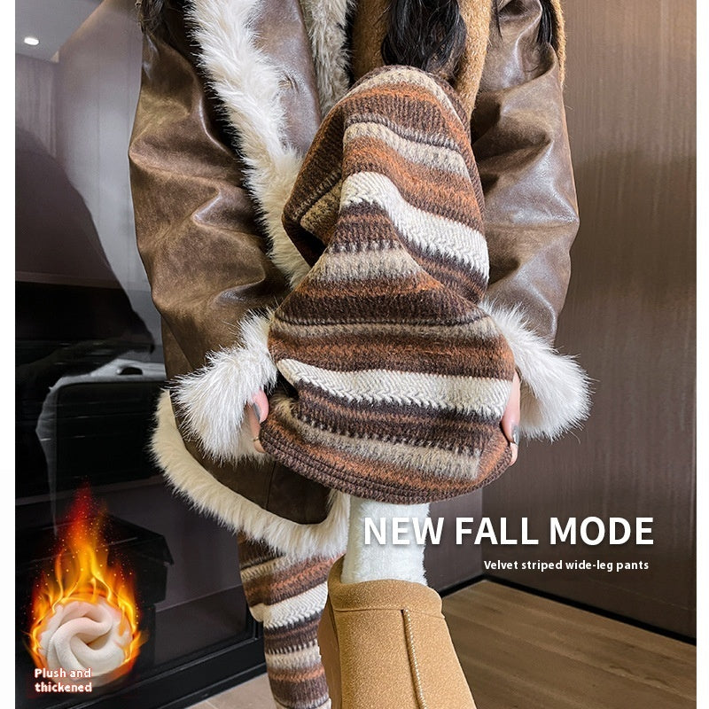 Woolen Striped Women's Wide-leg Pants Fallwinter Comfortable Retro