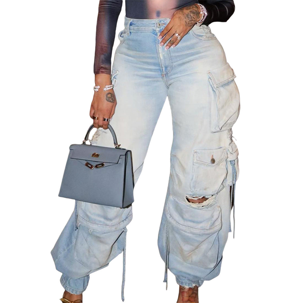 Ladies New Denim Stereo Multi-pocket Trousers