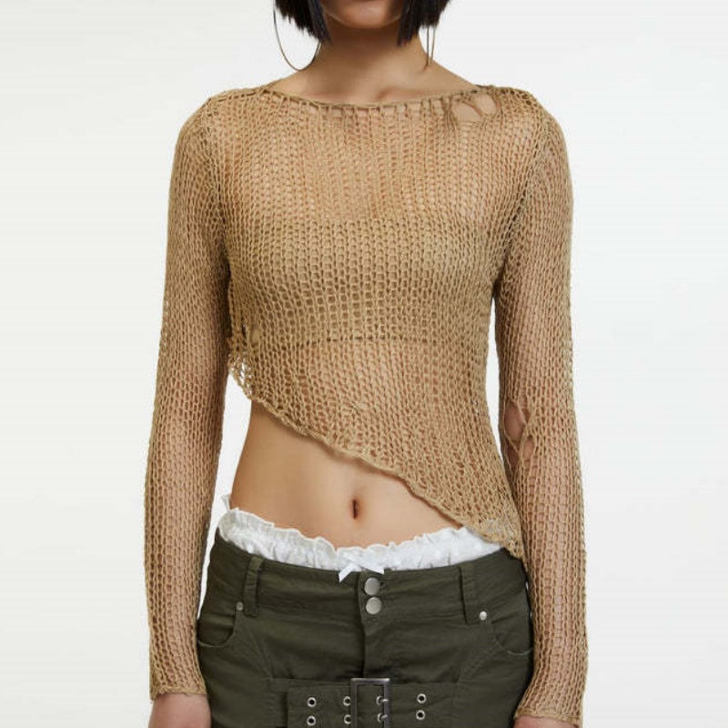 Rundhals Personalitet Uregelmæssig Sexet Mave Kort Udskåret Outfit Gennemsigtig Langærmet Strik