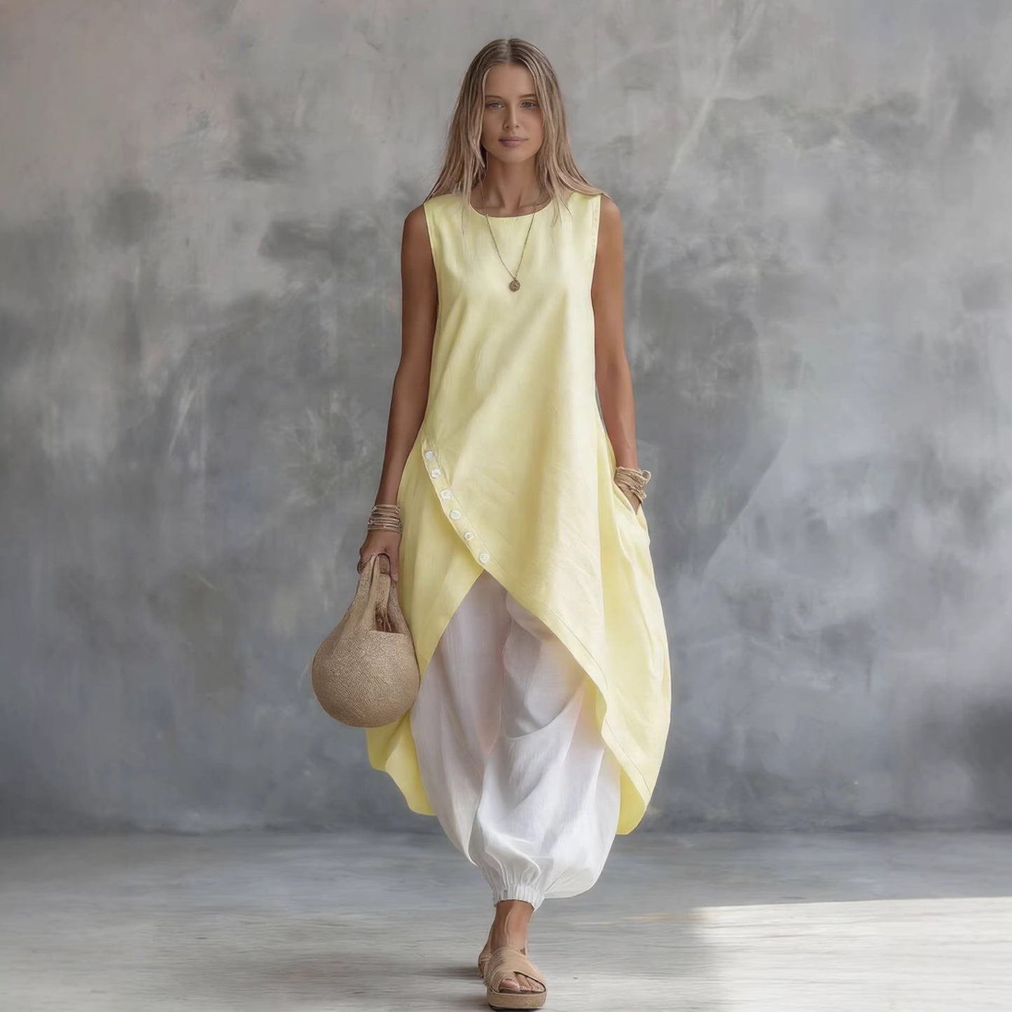 Solid-color Sleeveless Loose-fit Dress With Patch Pockets