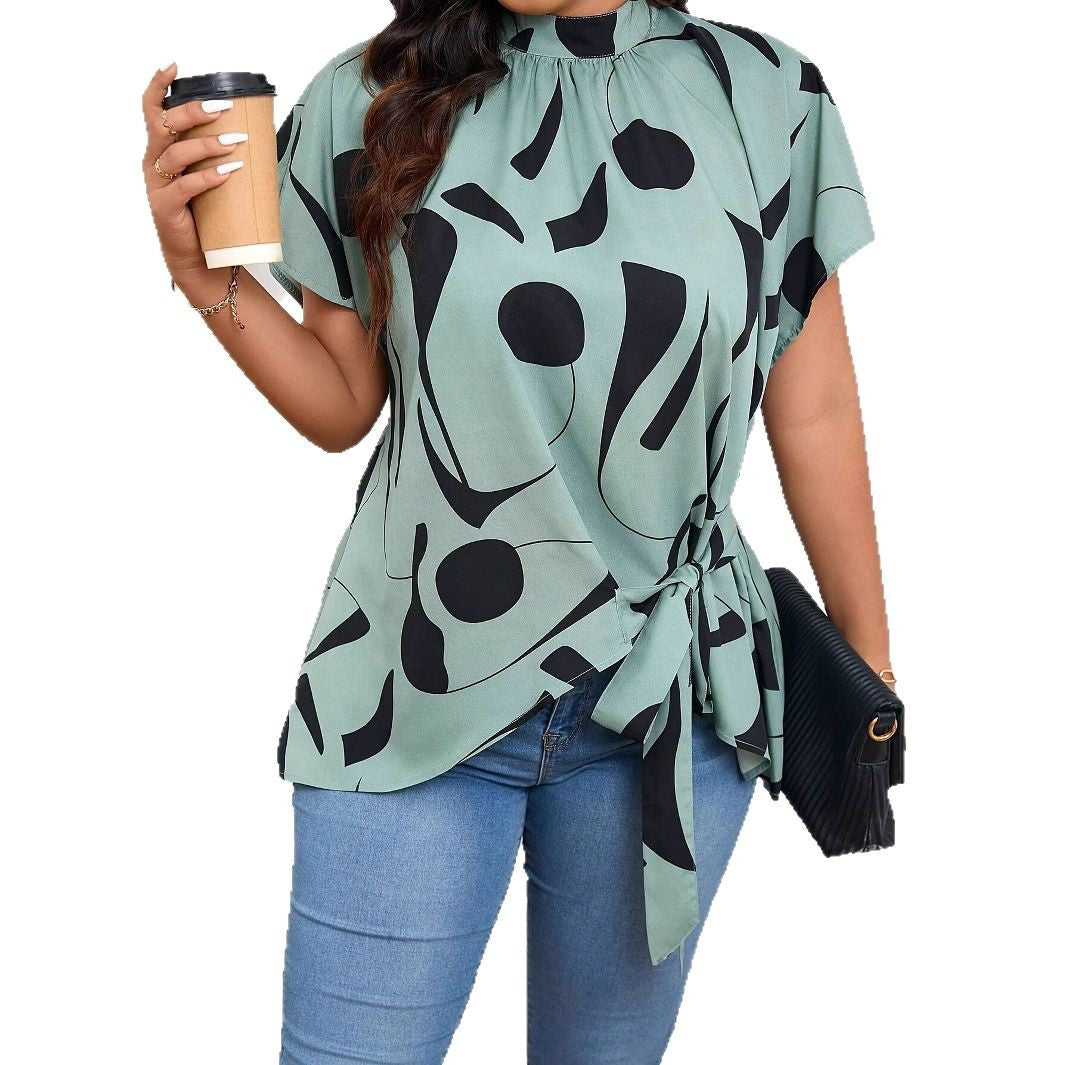 Fashion Women's Stand-up Collar Asymmetric Print Waist-tie Shirt
