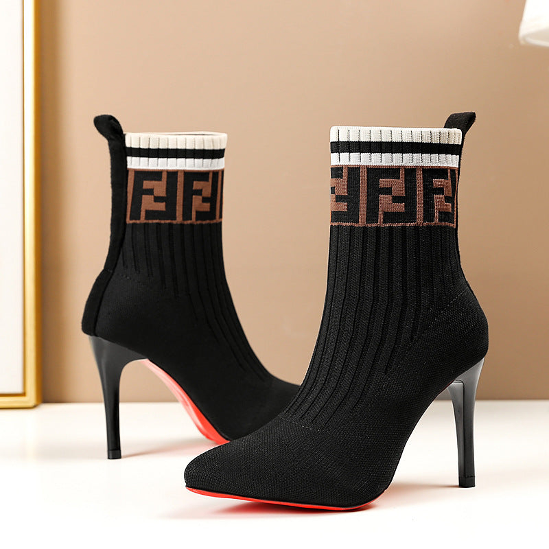 Socks Boots Women's High Heel Pointed Toe Solid Color Women's Stiletto Heel Boots