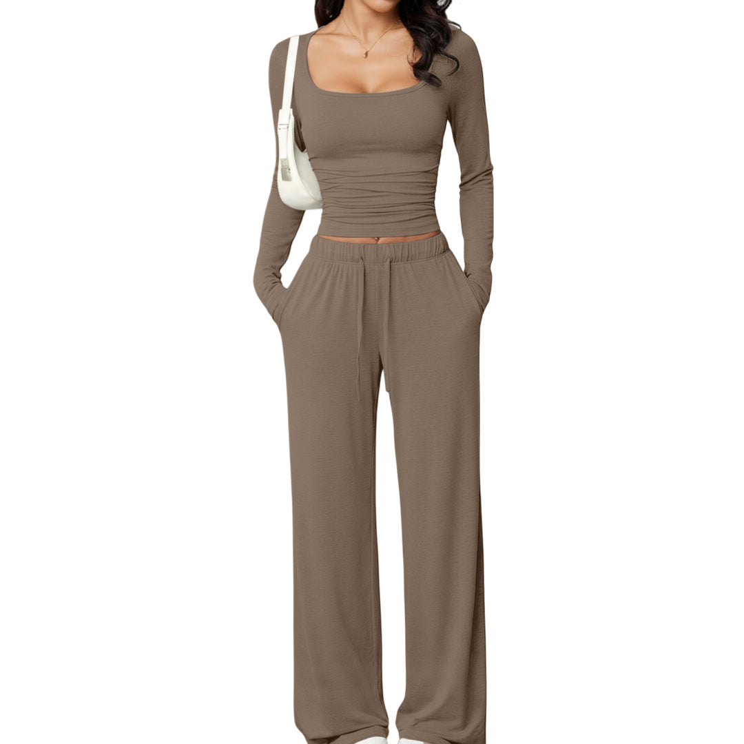 Womens Casual Pants And Square Neck Long Sleeve Cropped Top Set
