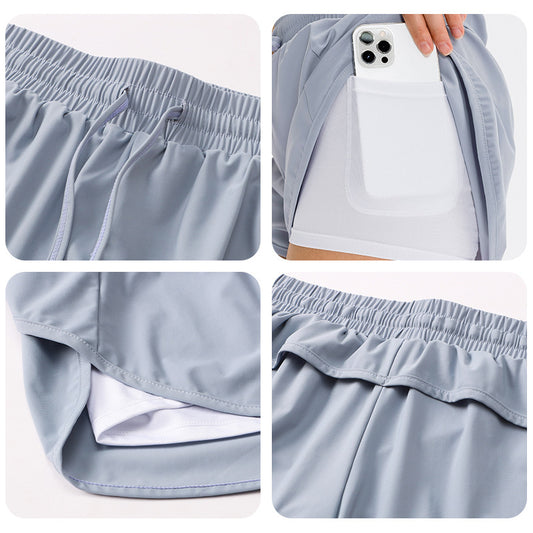 Women's Fake Two-piece Sports Pocket Shorts
