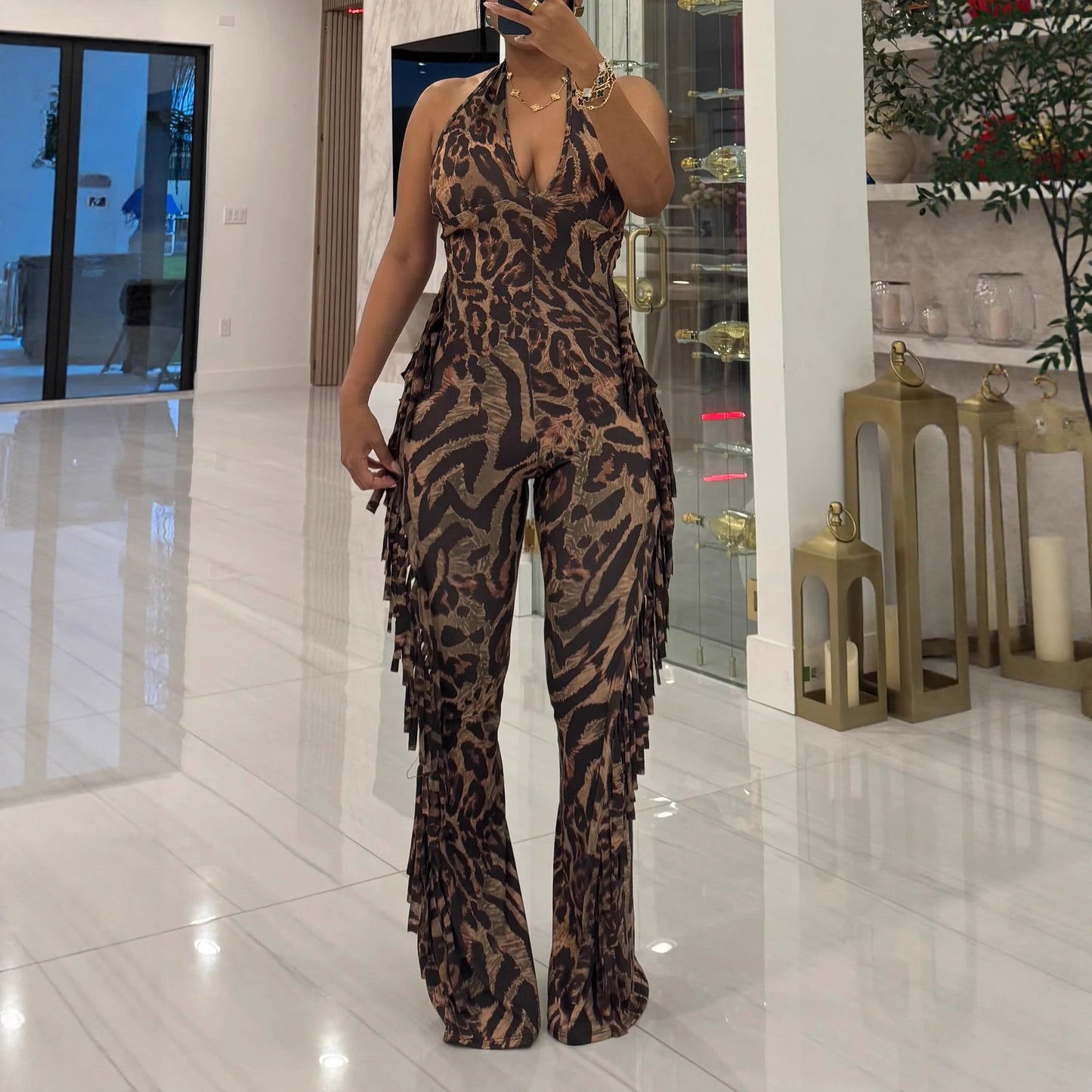 Stretchy Backless Fringed Printed Halterneck Flared Jumpsuit With Tie-up Straps