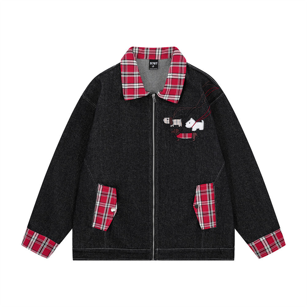 Funny Puppy Paste Cloth Embroidery Denim Contrast Color Patchwork Plaid Lapel Baggy Coat Men