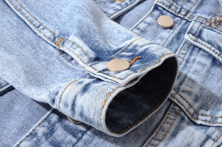 Jaqueta jeans de manga longa com flores bordadas pesadas