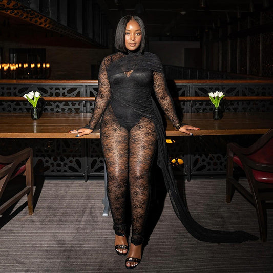 See-through Women's Lace Long Sleeve Jumpsuit