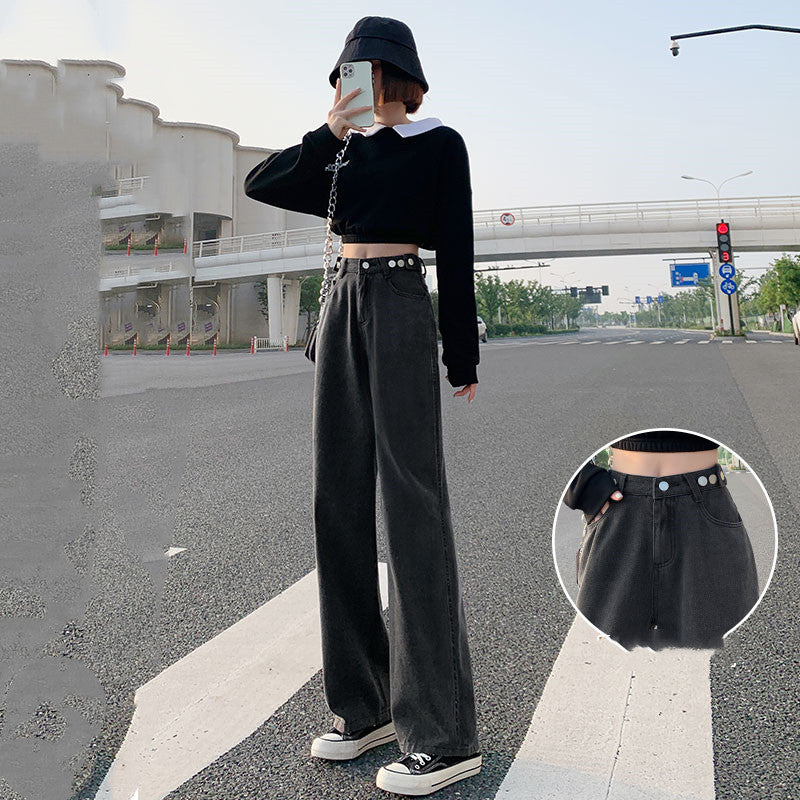 Loose Straight Spring And Autumn Thin High Waist Drape Wide Leg Jeans