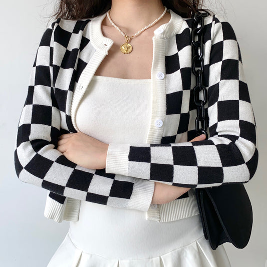 Vintage Black And White Check Knit Cardigan