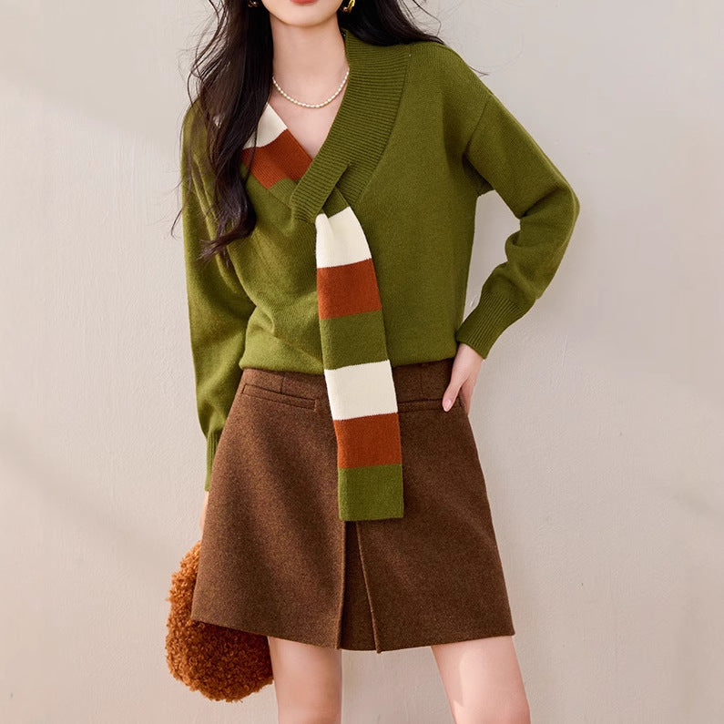 Niche Stribet V-hals Sweater Dame Alsidig Falsk Todelt Frakke