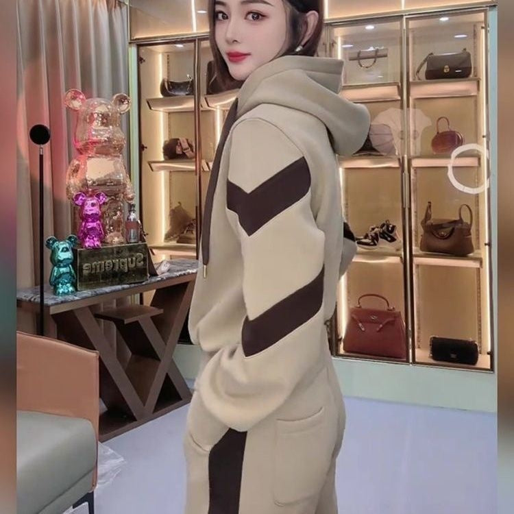 Fleece-lined Hoodie And Wide-leg Pants Two-piece Set Trendy