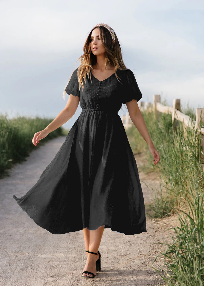 V-neck Button Fashion European And American Women's Dress