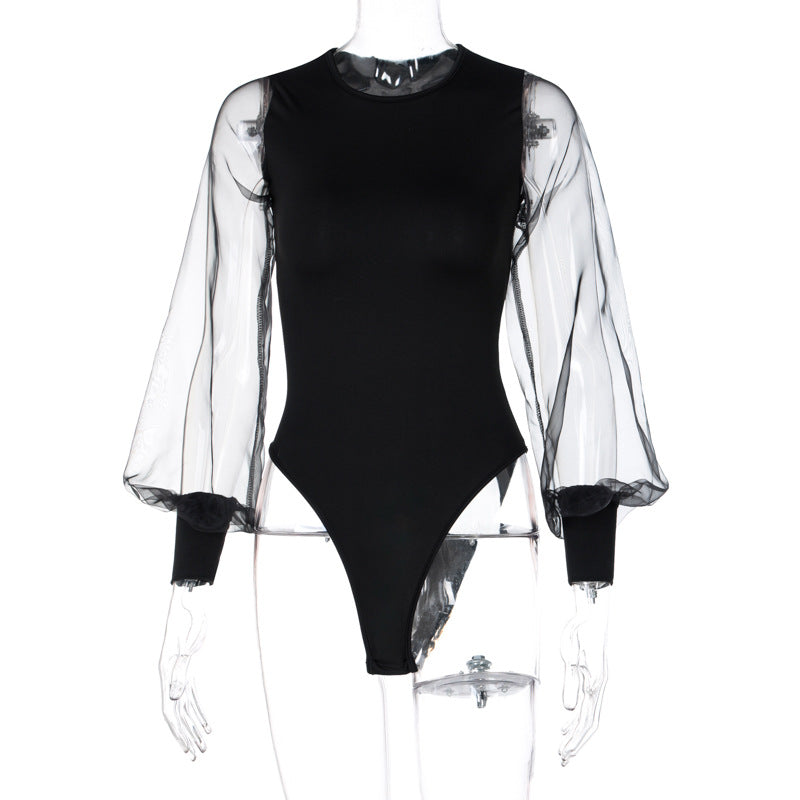 Fashion Stitching Mesh See-through Long Sleeve Round Neck Jumpsuit