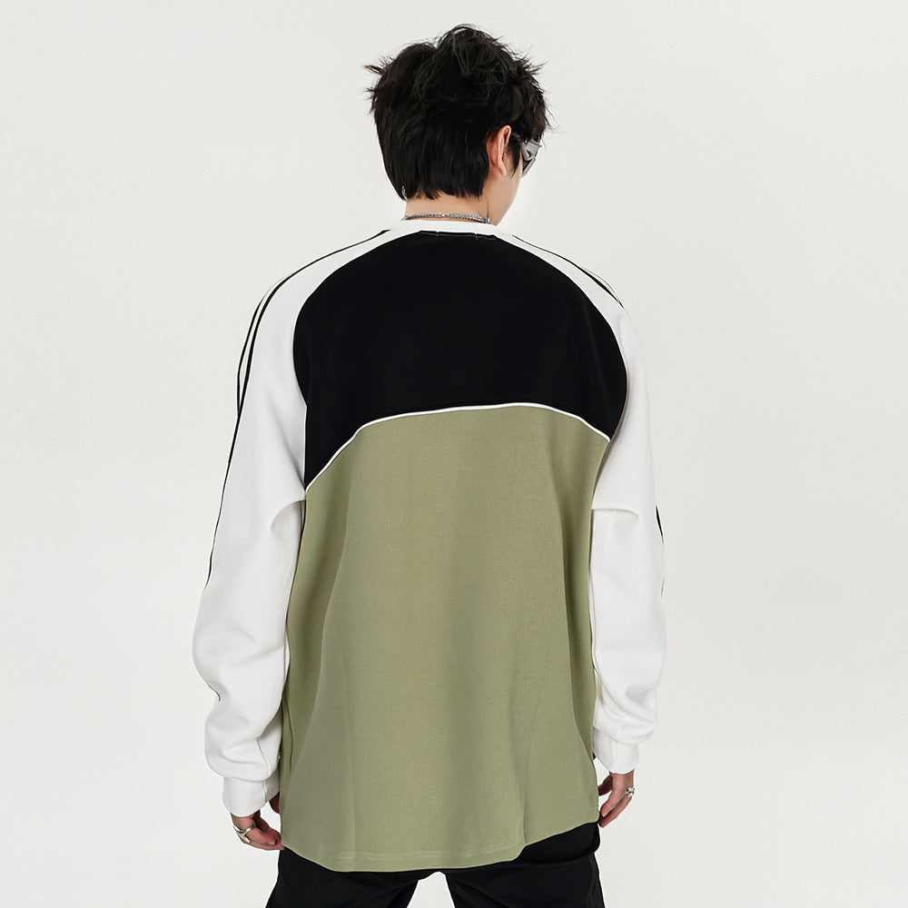 Ribbon Stitching Raglan Sleeve Round Neck Sweater Men