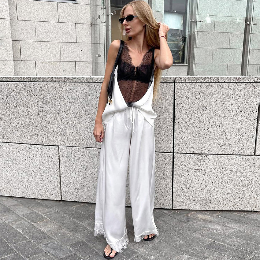 Womens Lace Color-Block Camisole And Draping Straight Pants Fashionable Casual Set