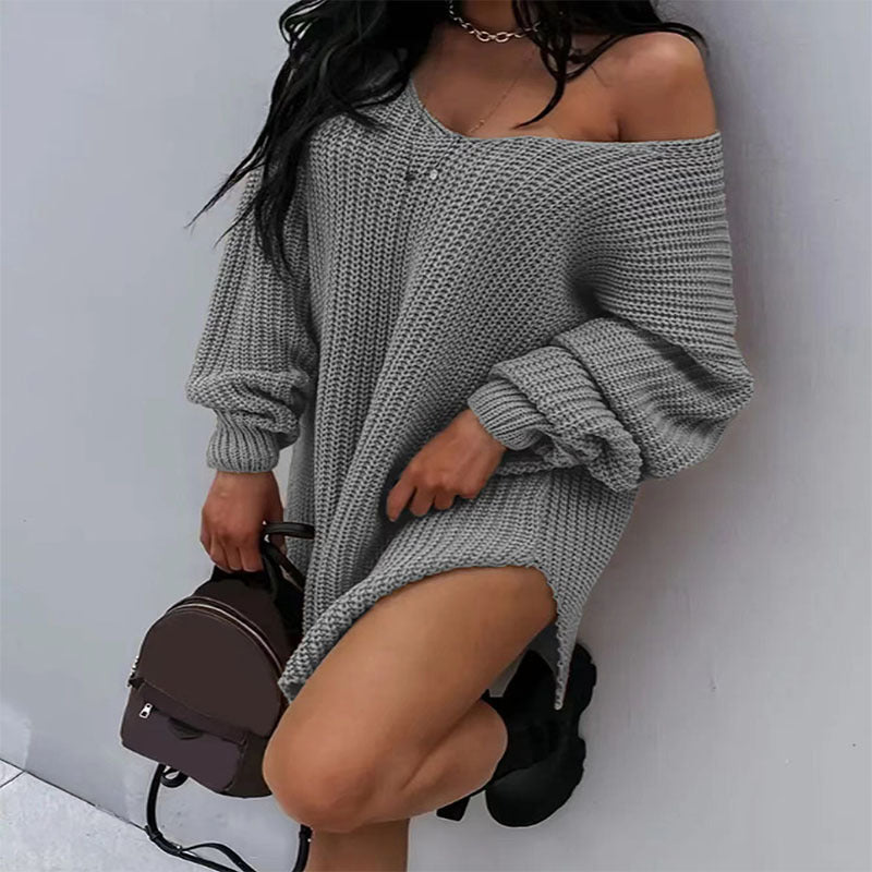 Mid-length Off-shoulder Solid-color V-neck Loose Sweater