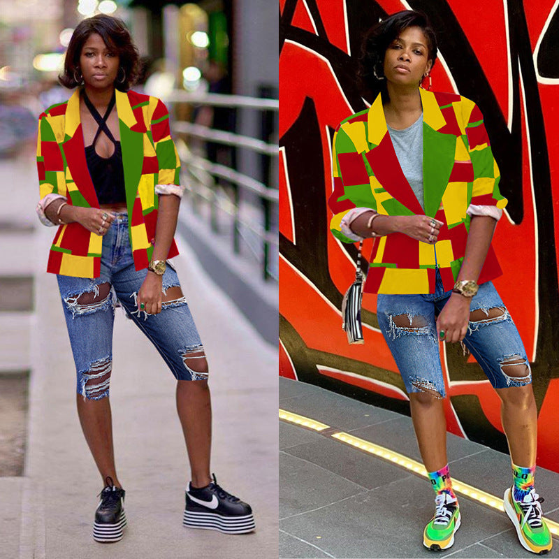 Casual Women's Clothing Multi-color Blocks Plaid Blazer