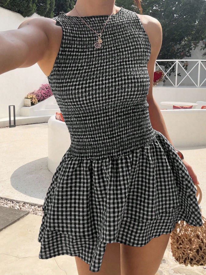 Womens Stylish, Versatile Sleeveless Plaid Dress
