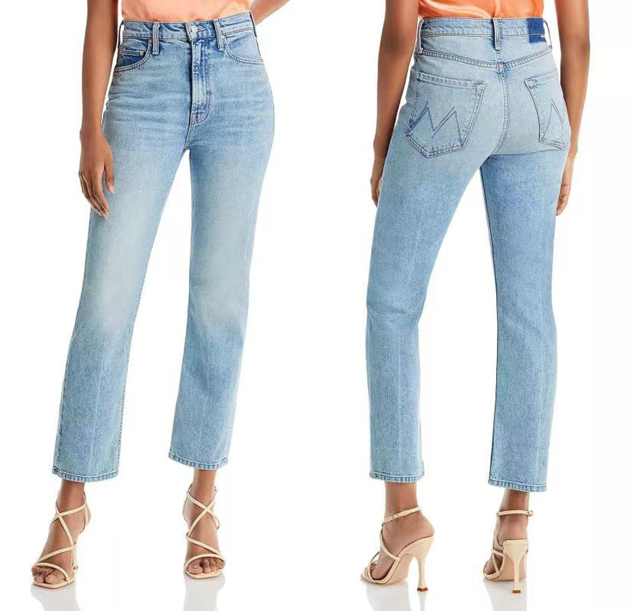 Højtaljede lyseblå strækbare smalle kropsnære jeans med lige ben og cropped længde til kvinder