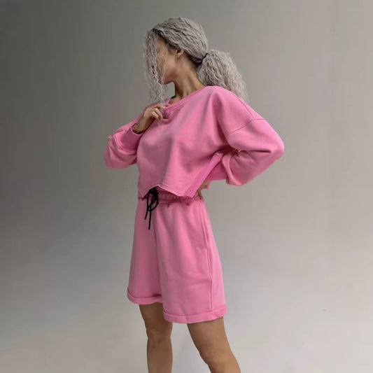 Women's Casual Set Asymmetrical Hem Short-Sleeve Top With Drawstring Shorts